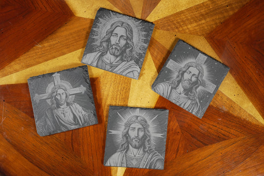 Handmade Christian-Themed Slate Coasters – Set of 4/Jesus Face | Laser Engraved | Made in USA