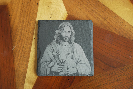 Handmade Christian-Themed Slate Coasters – Set of 4/Jesus with kids and lamb | Laser Engraved | Made in USA