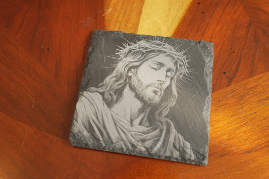 Handmade Christian-Themed Slate Coasters – Set of 4/Jesus crown of thorns| Laser Engraved | Made in USA