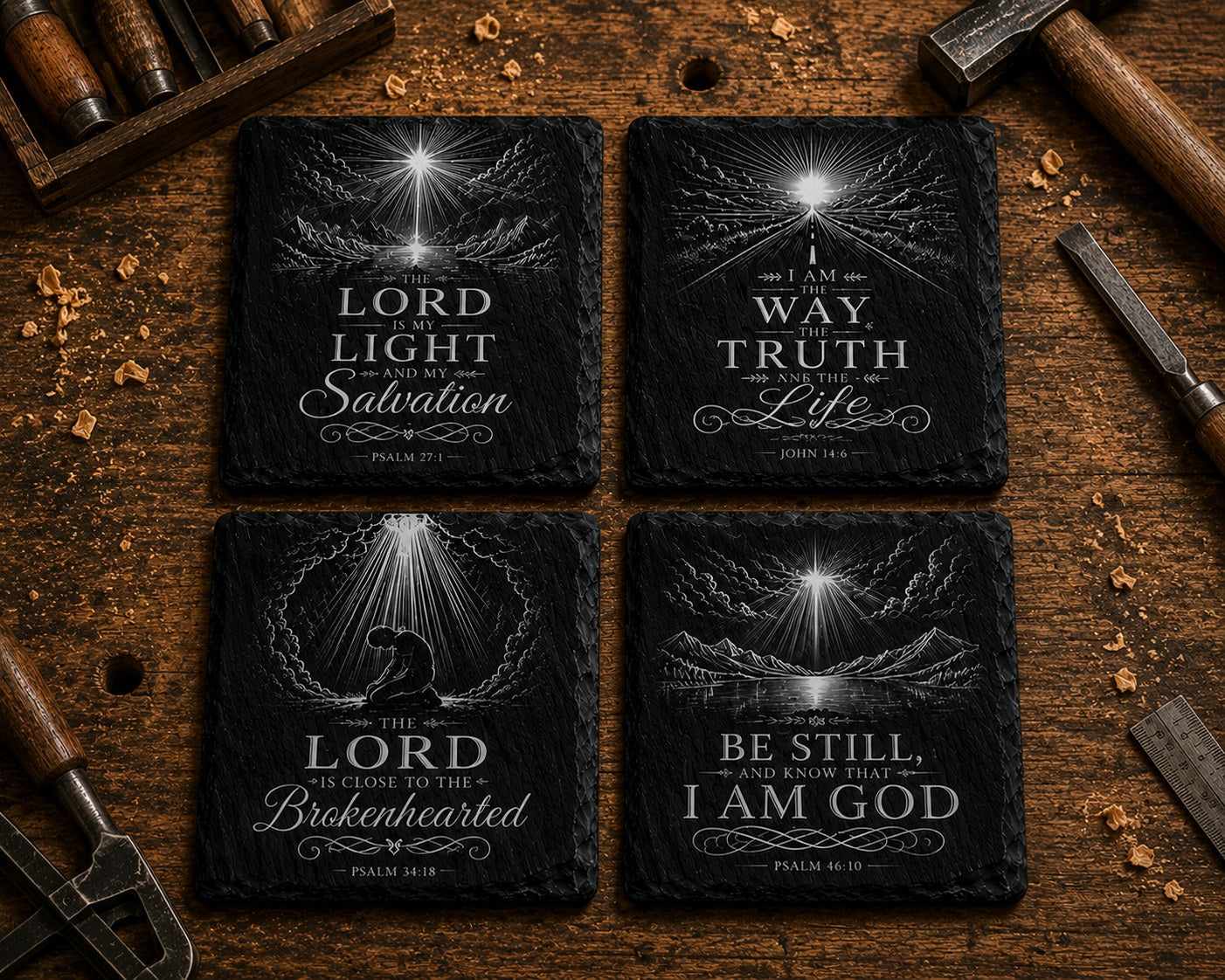 Slate Coaster Set of 4 — Scripture: The Lord Is My Light