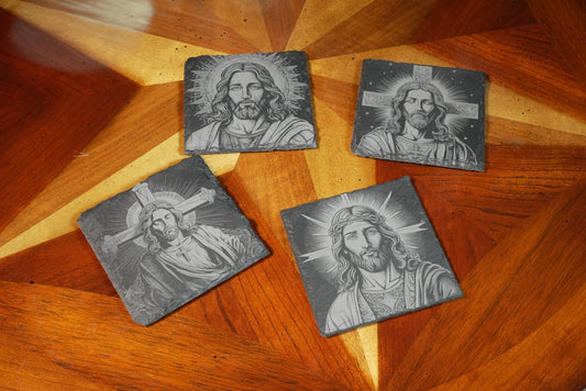 Handmade Christian-Themed Slate Coasters – Set of 4/Jesus Face | Laser Engraved | Made in USA
