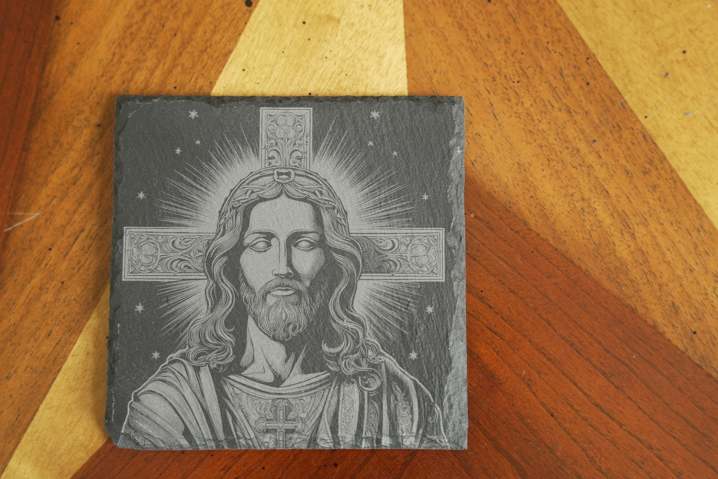 Handmade Christian-Themed Slate Coasters – Set of 4/Jesus Face | Laser Engraved | Made in USA