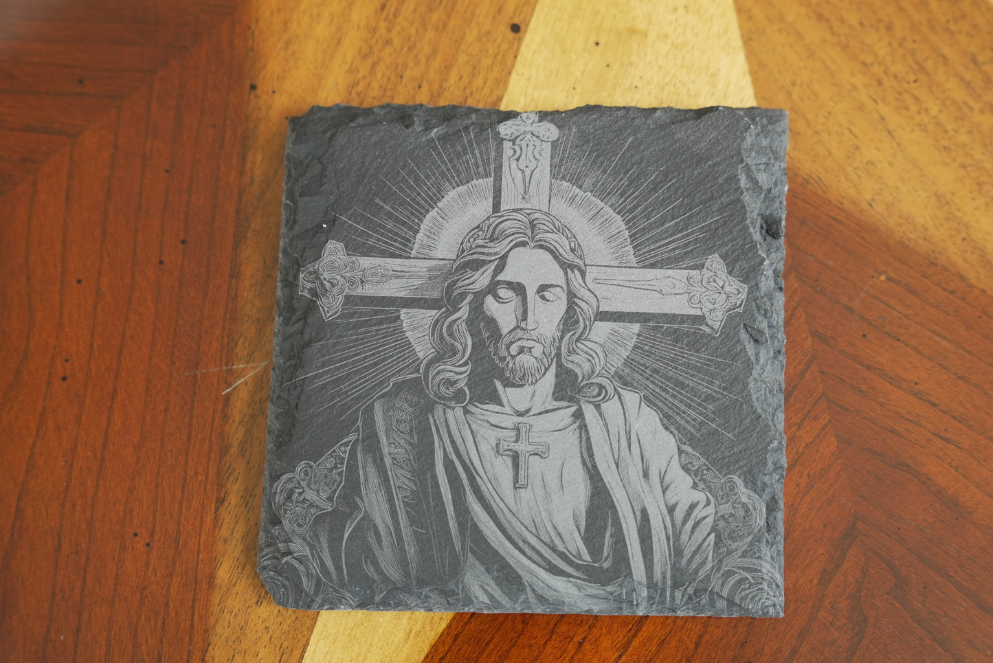 Handmade Christian-Themed Slate Coasters – Set of 4/Jesus Face | Laser Engraved | Made in USA