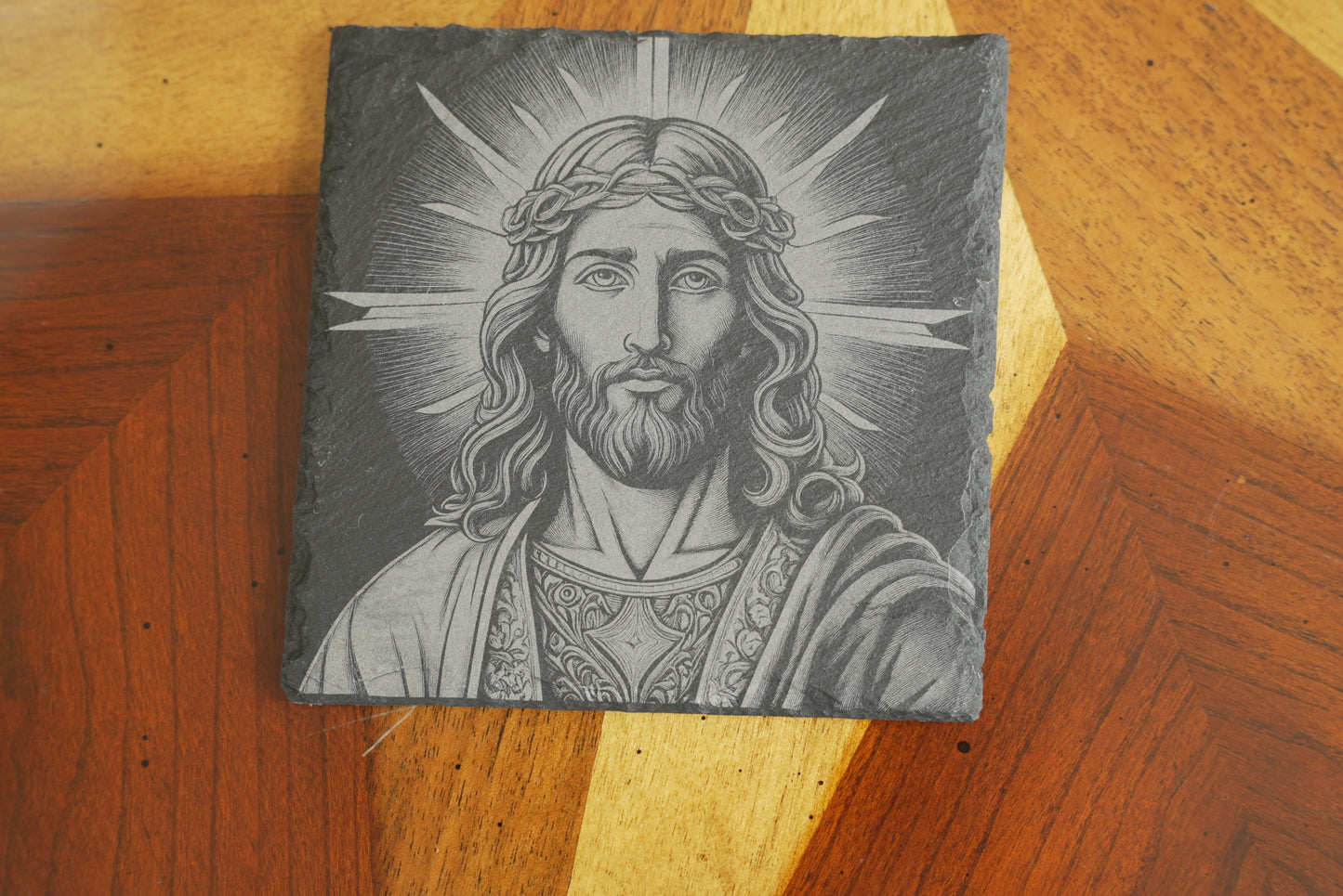 Handmade Christian-Themed Slate Coasters – Set of 4/Jesus Face | Laser Engraved | Made in USA
