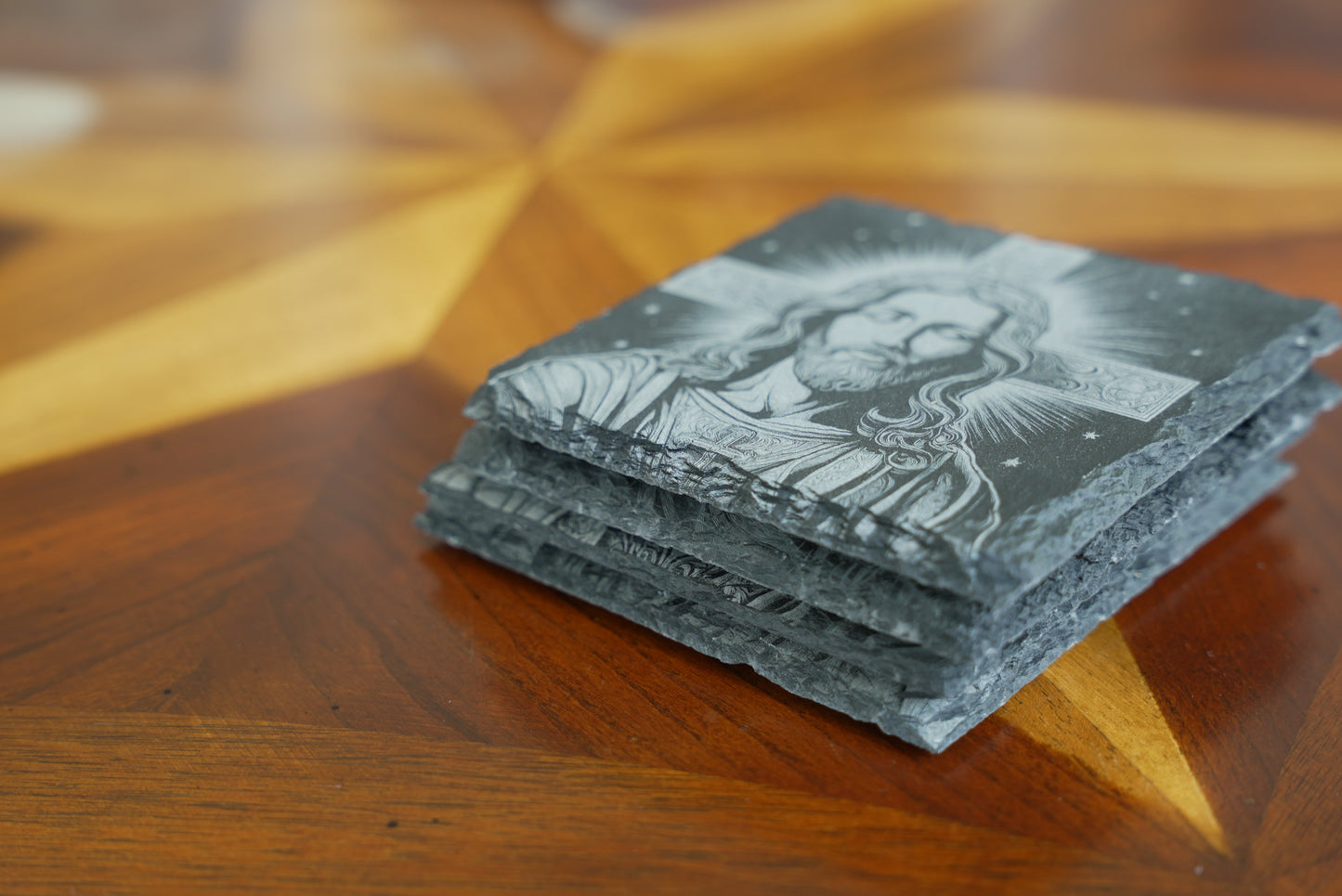 Handmade Christian-Themed Slate Coasters – Set of 4/Jesus Face | Laser Engraved | Made in USA