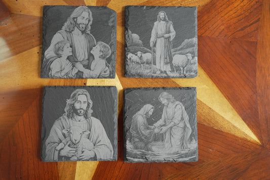 Handmade Christian-Themed Slate Coasters – Set of 4/Jesus with kids and lamb | Laser Engraved | Made in USA