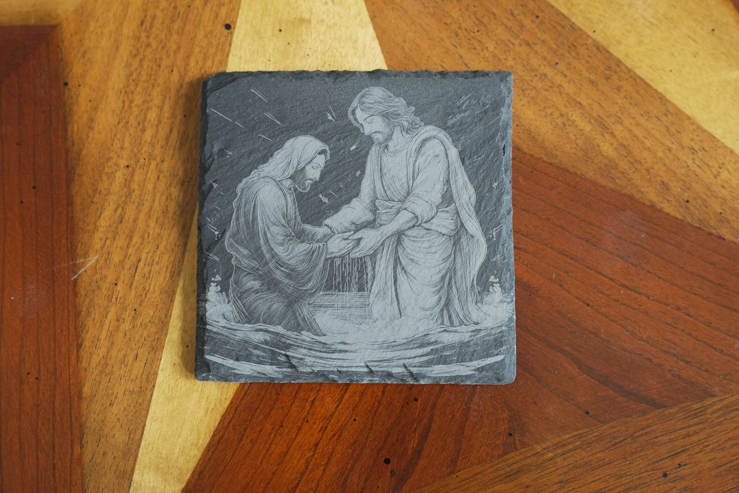 Handmade Christian-Themed Slate Coasters – Set of 4/Jesus with kids and lamb | Laser Engraved | Made in USA