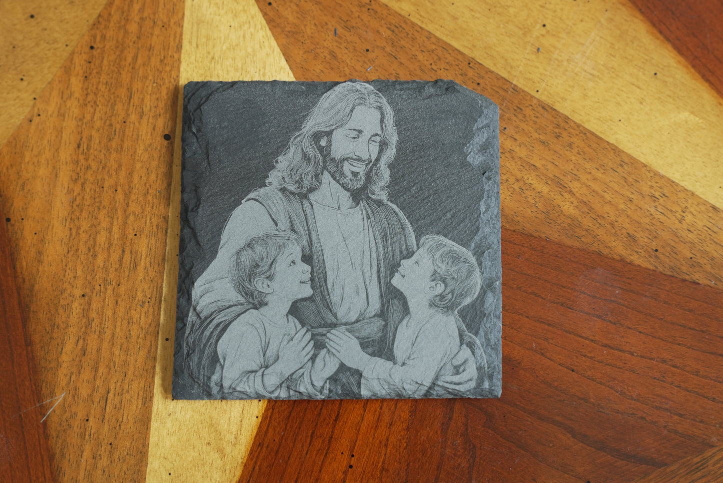 Handmade Christian-Themed Slate Coasters – Set of 4/Jesus with kids and lamb | Laser Engraved | Made in USA