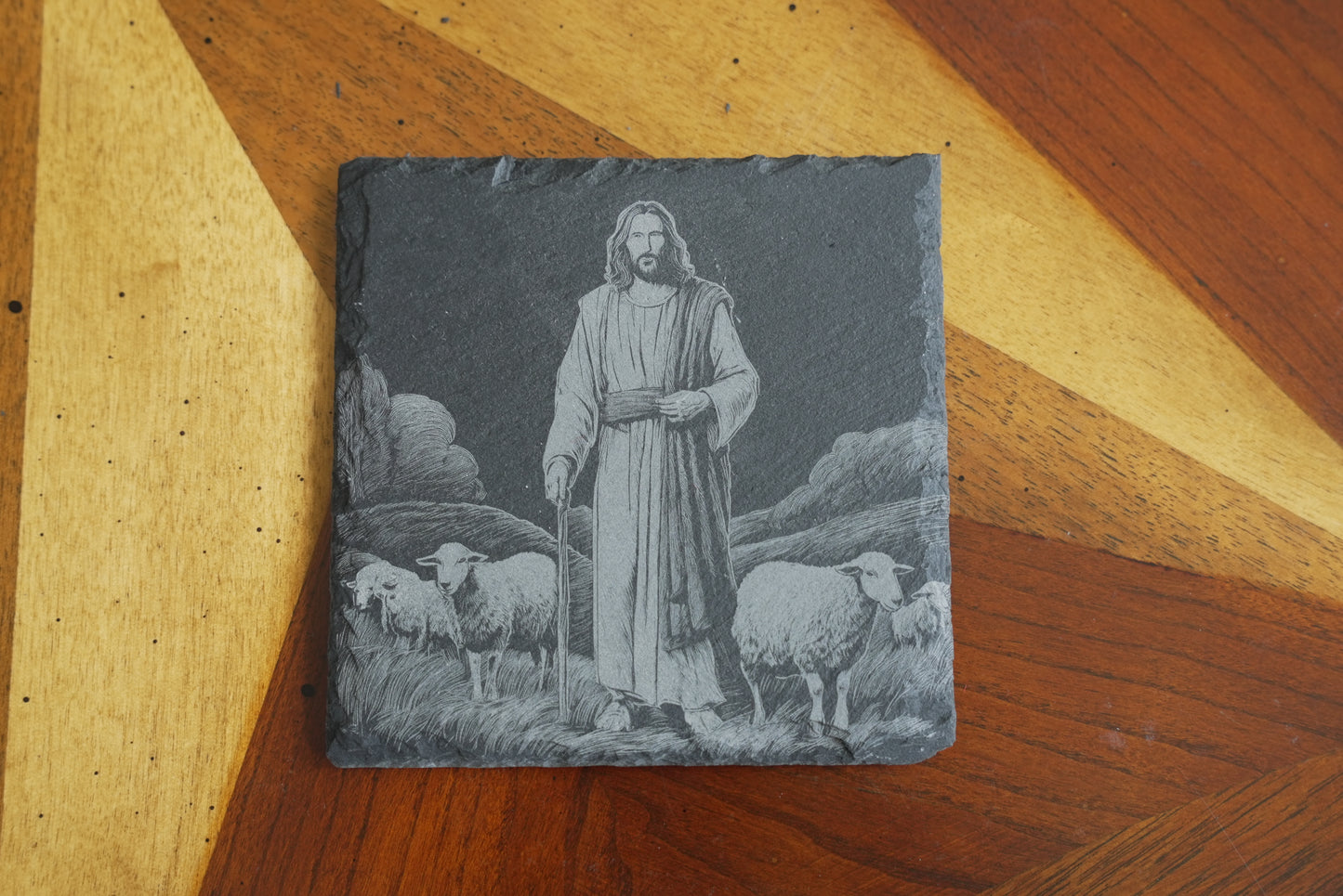 Handmade Christian-Themed Slate Coasters – Set of 4/Jesus with kids and lamb | Laser Engraved | Made in USA