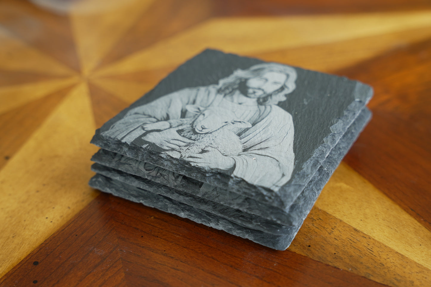 Handmade Christian-Themed Slate Coasters – Set of 4/Jesus with kids and lamb | Laser Engraved | Made in USA
