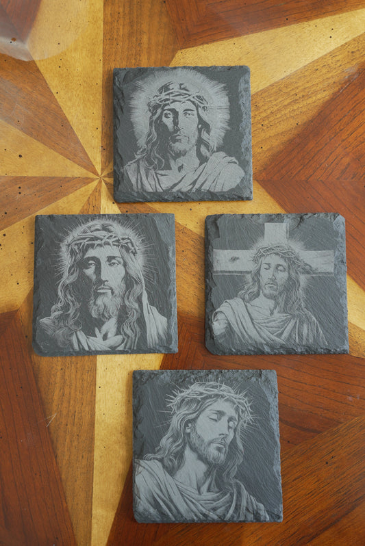 Handmade Christian-Themed Slate Coasters – Set of 4/Jesus crown of thorns| Laser Engraved | Made in USA