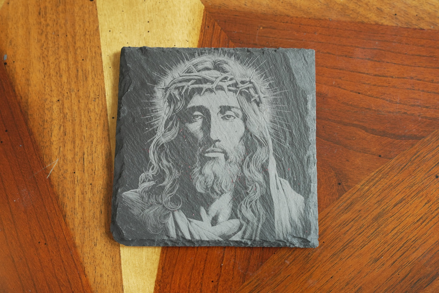 Handmade Christian-Themed Slate Coasters – Set of 4/Jesus crown of thorns| Laser Engraved | Made in USA
