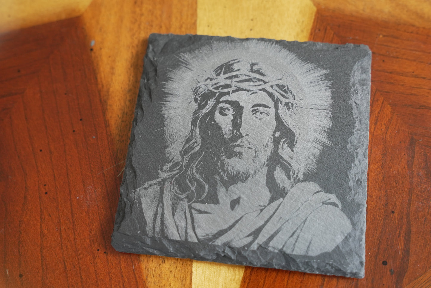 Handmade Christian-Themed Slate Coasters – Set of 4/Jesus crown of thorns| Laser Engraved | Made in USA