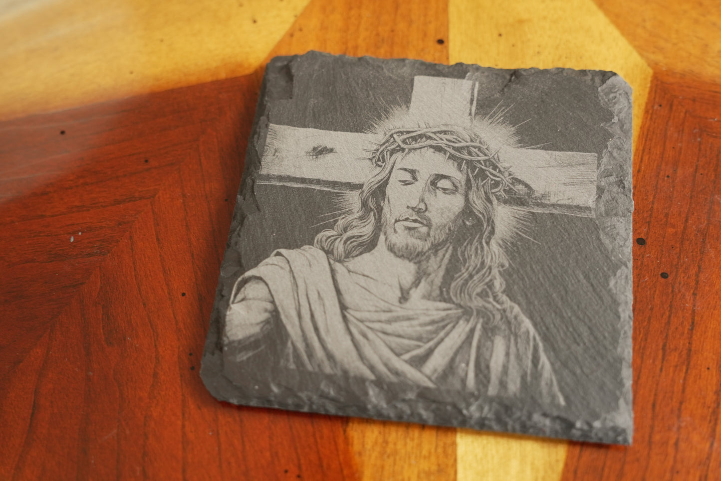 Handmade Christian-Themed Slate Coasters – Set of 4/Jesus crown of thorns| Laser Engraved | Made in USA