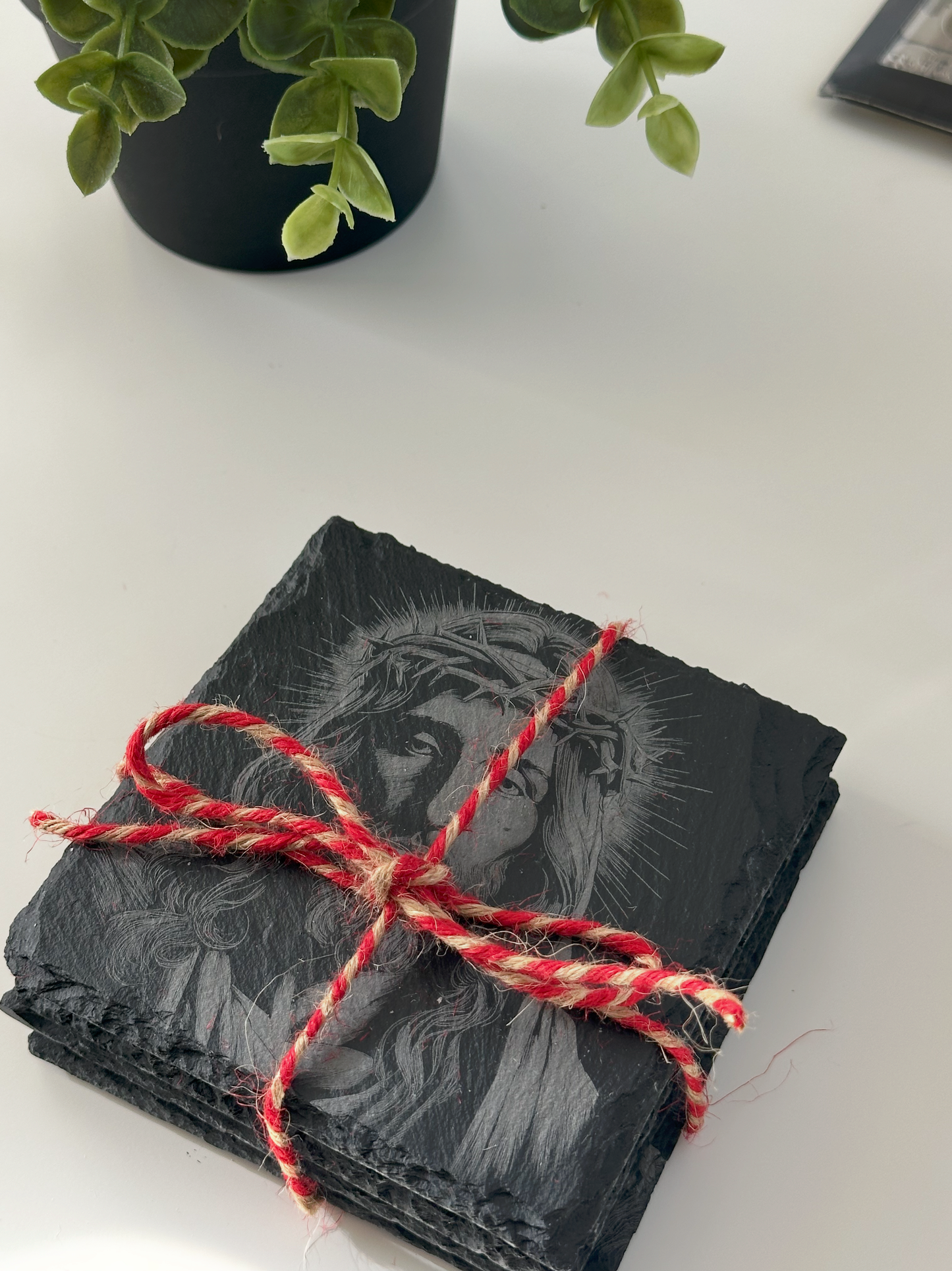 Handmade Christian-Themed Slate Coasters – Set of 4/Jesus crown of thorns| Laser Engraved | Made in USA