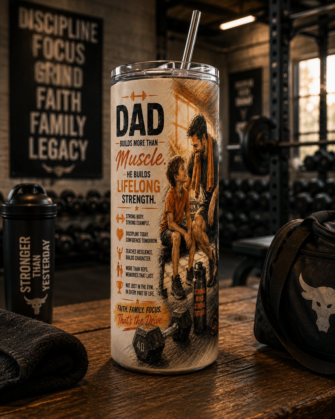 Dad Builds Strength — Faith, Family, Legacy Tumbler