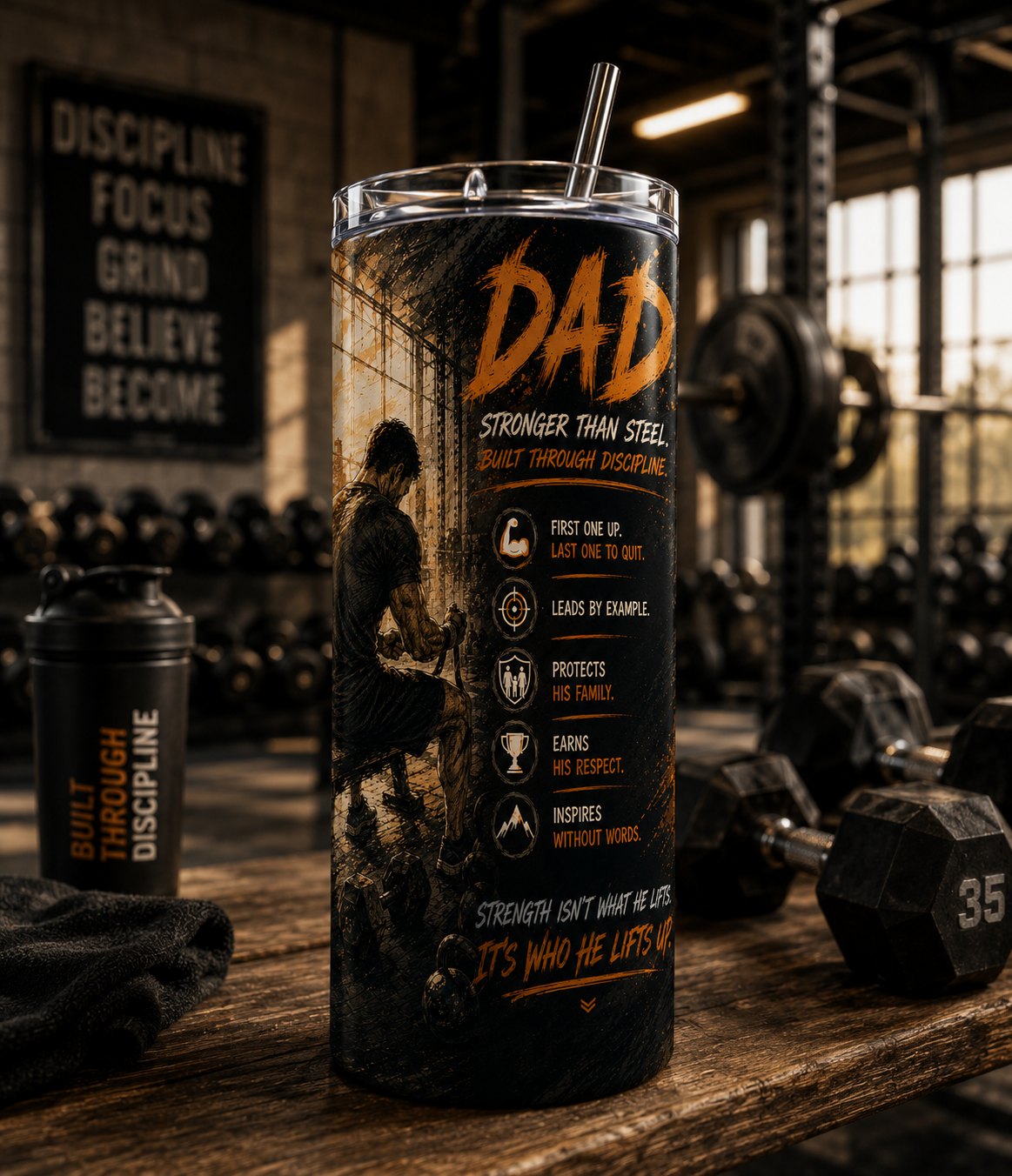 Dad, Stronger Than Steel — Built Through Discipline Tumbler